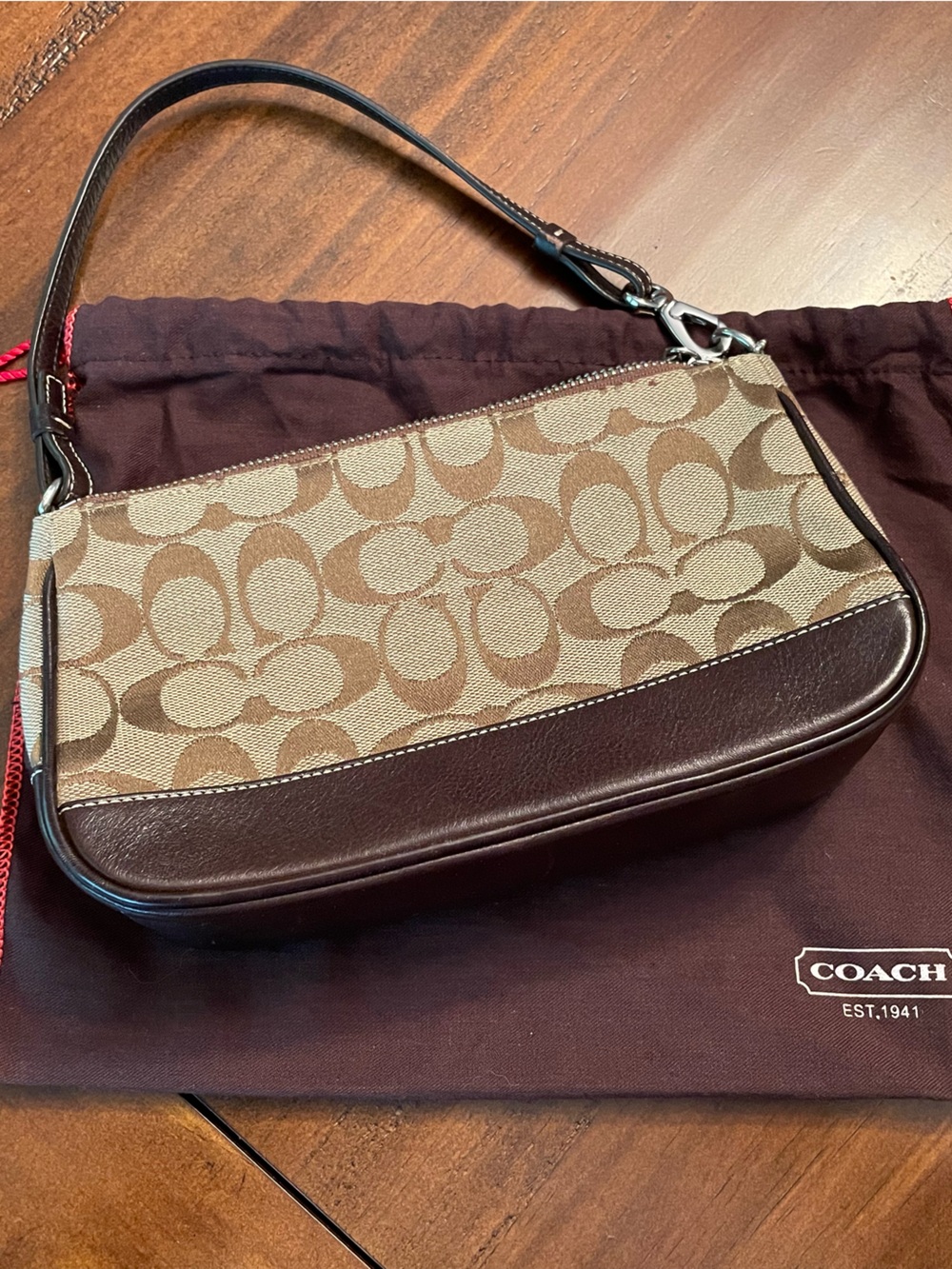 Coach Signature C Demi Pouch -Brown Jacquard Leather Baguette 6094